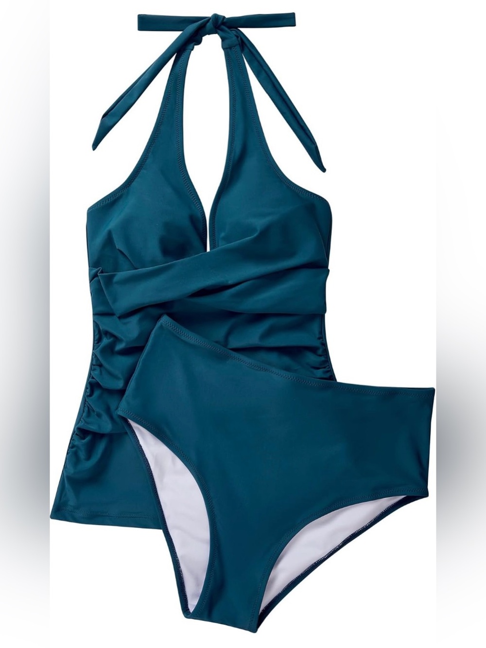 SUUKSESS Women's Teal Halter Tankini Set with Tummy Control High-Waist Bottoms